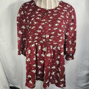 Zenobia Mahogany w/Floral Print Smocked Bodice Short Sleeve Top Plus Size 3XL